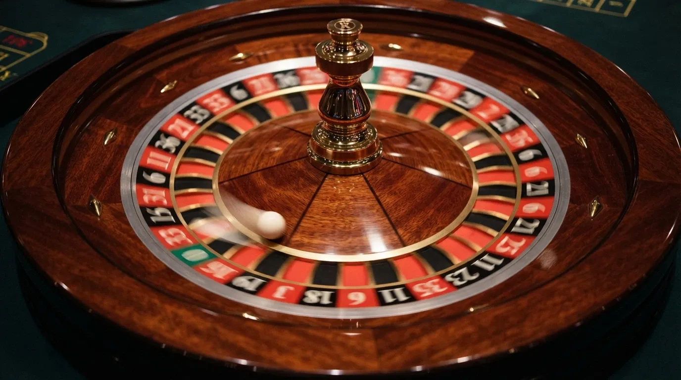 Primo piano di una ruota della roulette in movimento durante una sessione live, con la pallina che rimbalza sui numeri