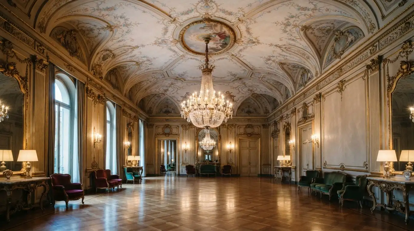 Salone storico del Casinò di Sanremo con affreschi, lampadari e arredi liberty originali