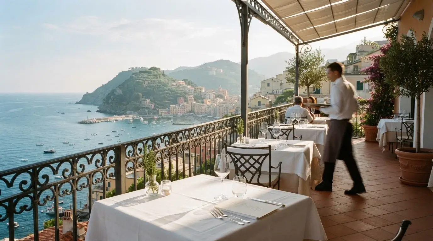 Terrazza del Roof Garden del Casinò di Sanremo con tavoli apparecchiati e vista mare
