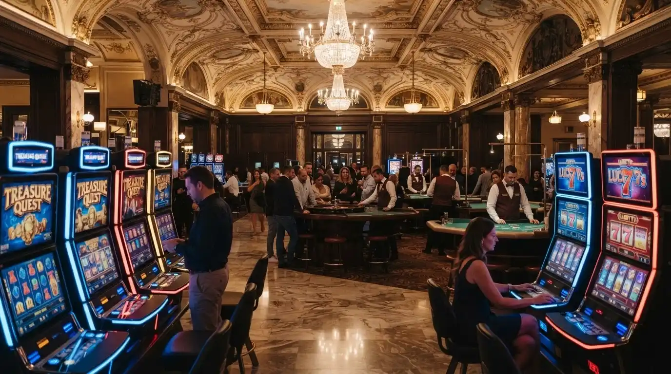 Sala interna del Casinò di Sanremo con slot machine e tavoli da gioco in attività