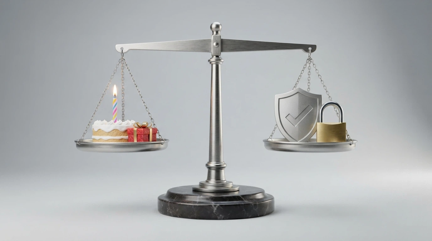 Una bilancia simbolica con da un lato una torta di compleanno e un regalo, dall'altro il logo ADM e un lucchetto di sicurezza