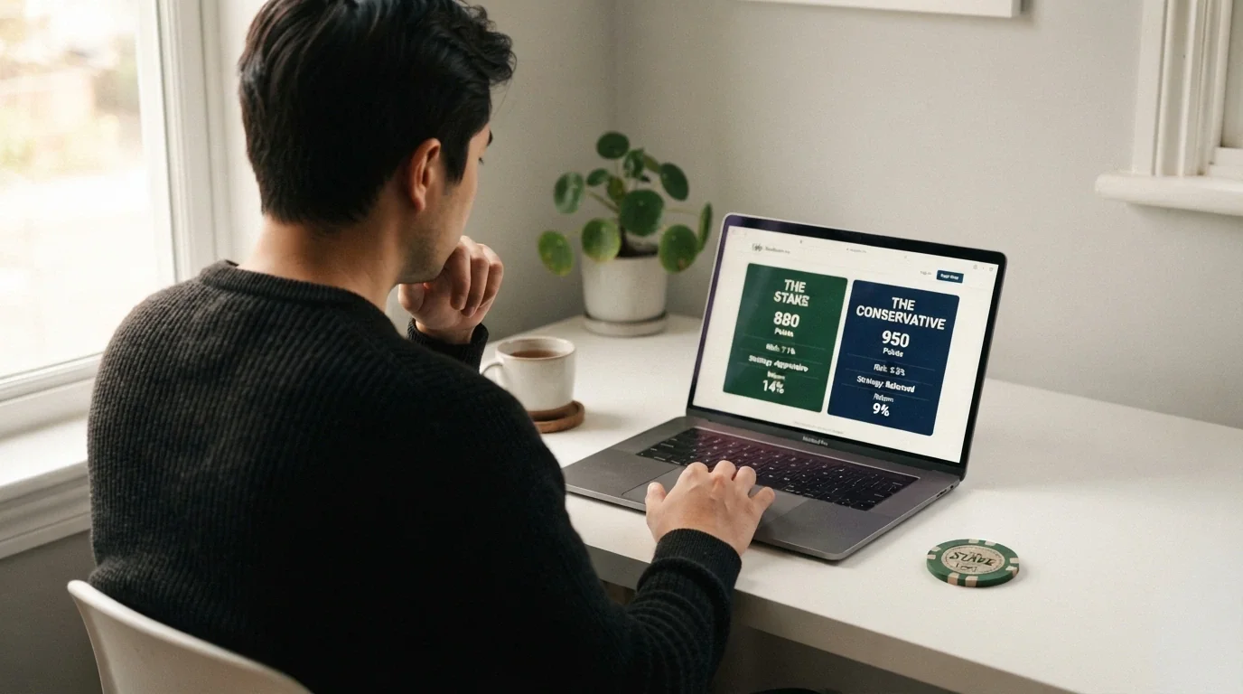Giocatore seduto al laptop che confronta le offerte di due casinò online, con un'espressione riflessiva