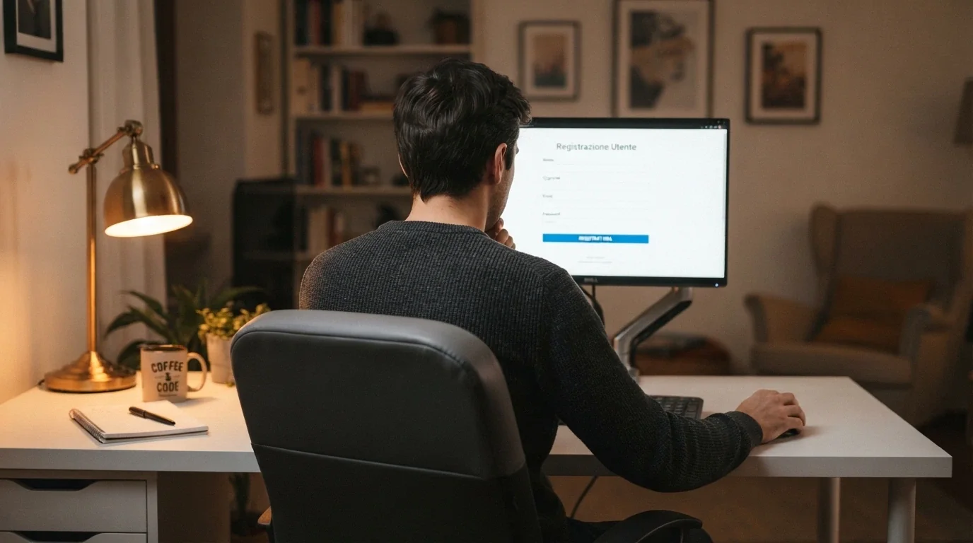 Una persona seduta davanti al computer con espressione riflessiva, sullo schermo la pagina di registrazione di un casinò