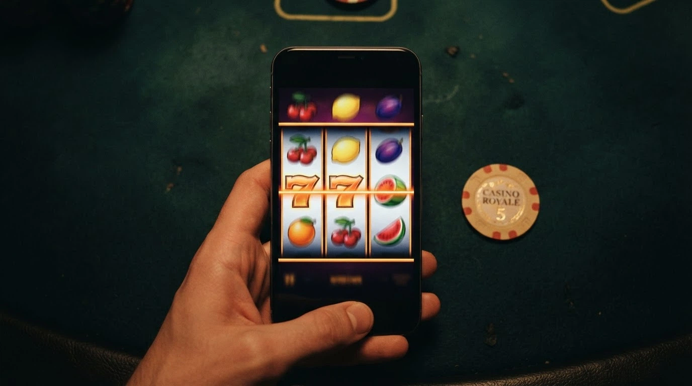 I rulli di una slot machine colorata in esecuzione sullo schermo di uno smartphone Android tenuto in verticale