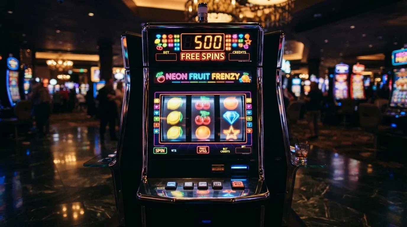 Una slot machine colorata con il contatore dei giri gratis visibile in primo piano, che segna 500 free spin