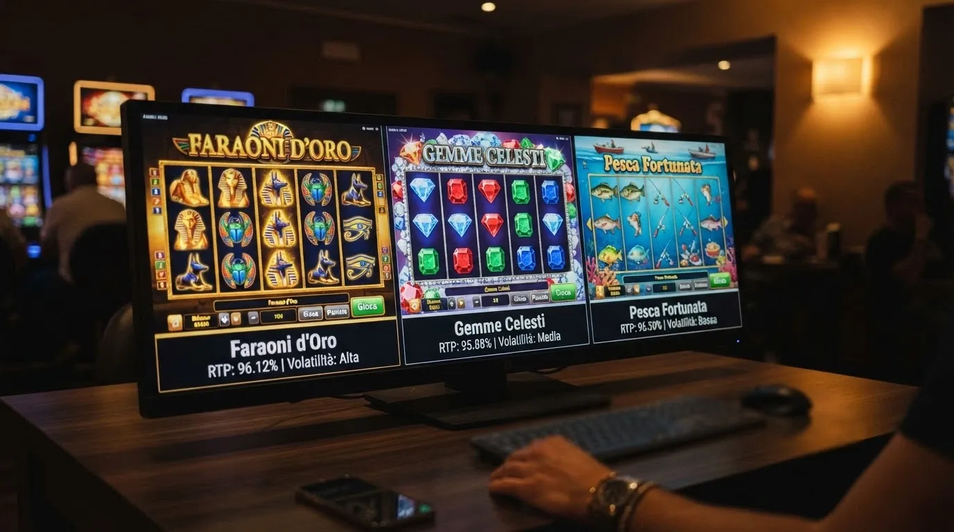 Tre slot machine — Book of Dead, Starburst e Big Bass Bonanza — affiancate in un'unica schermata con RTP e volatilità in etichetta
