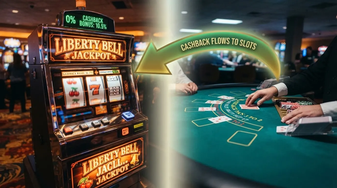 Una slot machine virtuale a sinistra e un tavolo da live casino a destra, con una freccia che indica una percentuale di cashback più alta verso la slot