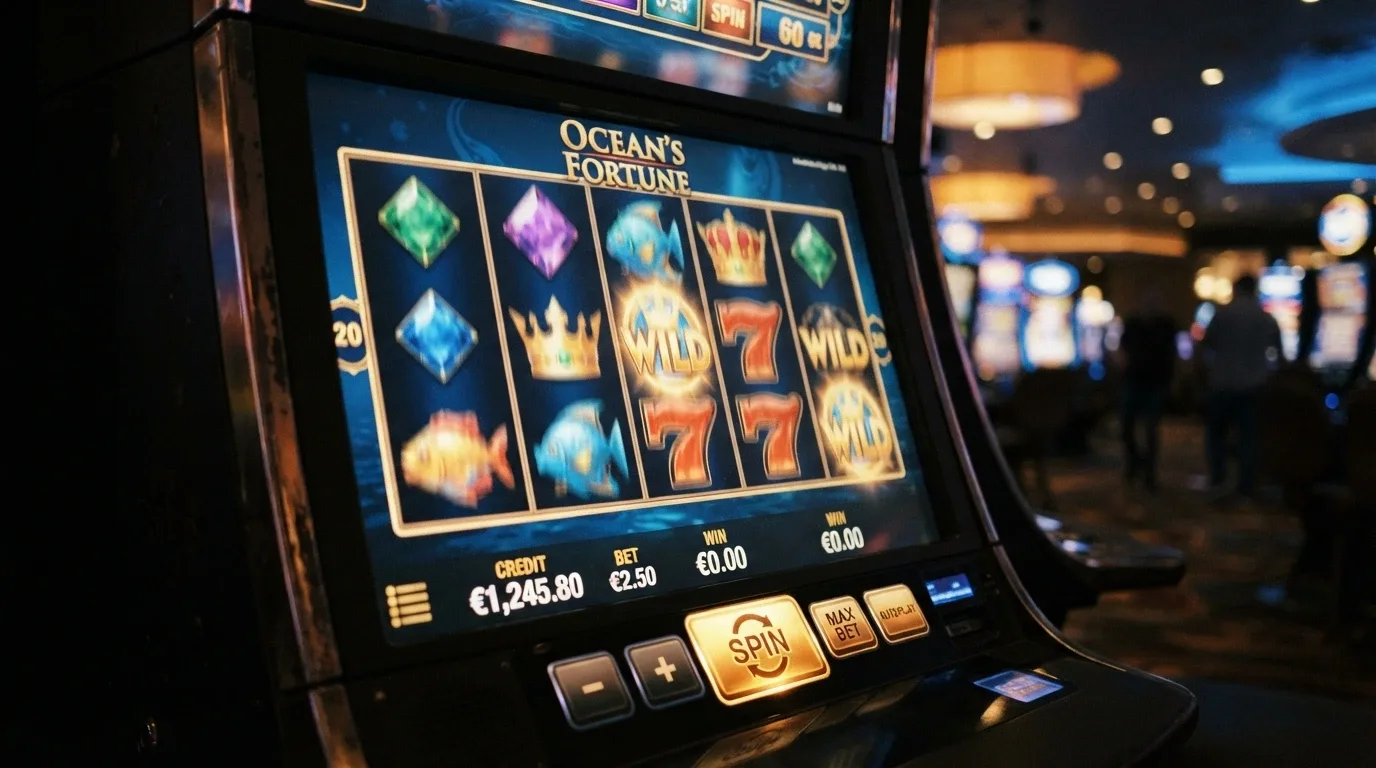 Interfaccia di una slot machine online con rulli in movimento e pannello delle puntate