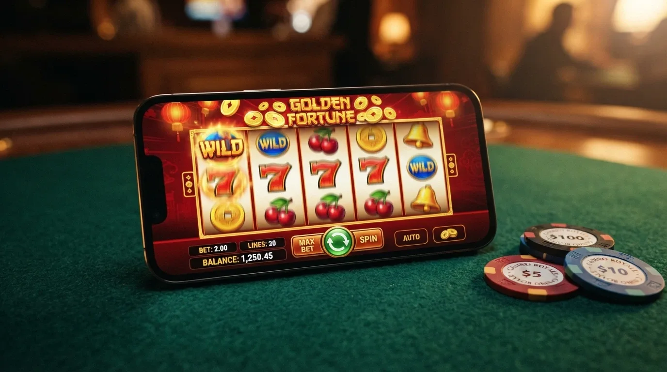 Schermata di una slot machine in esecuzione su iPhone in orientamento orizzontale con i rulli in movimento e la barra dei comandi touch