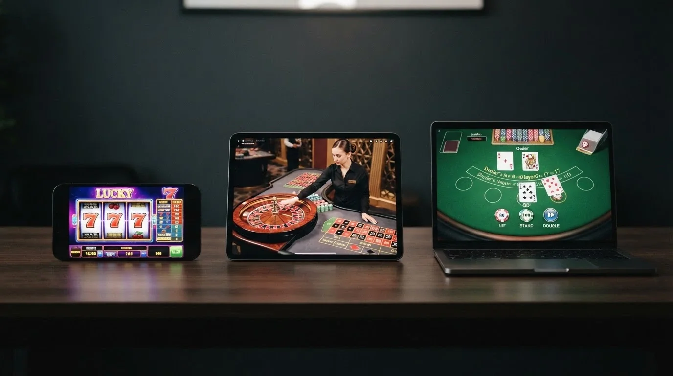 Tre schermi affiancati: una slot machine con rulli colorati, un tavolo di roulette con croupier dal vivo, e un'interfaccia di blackjack digitale