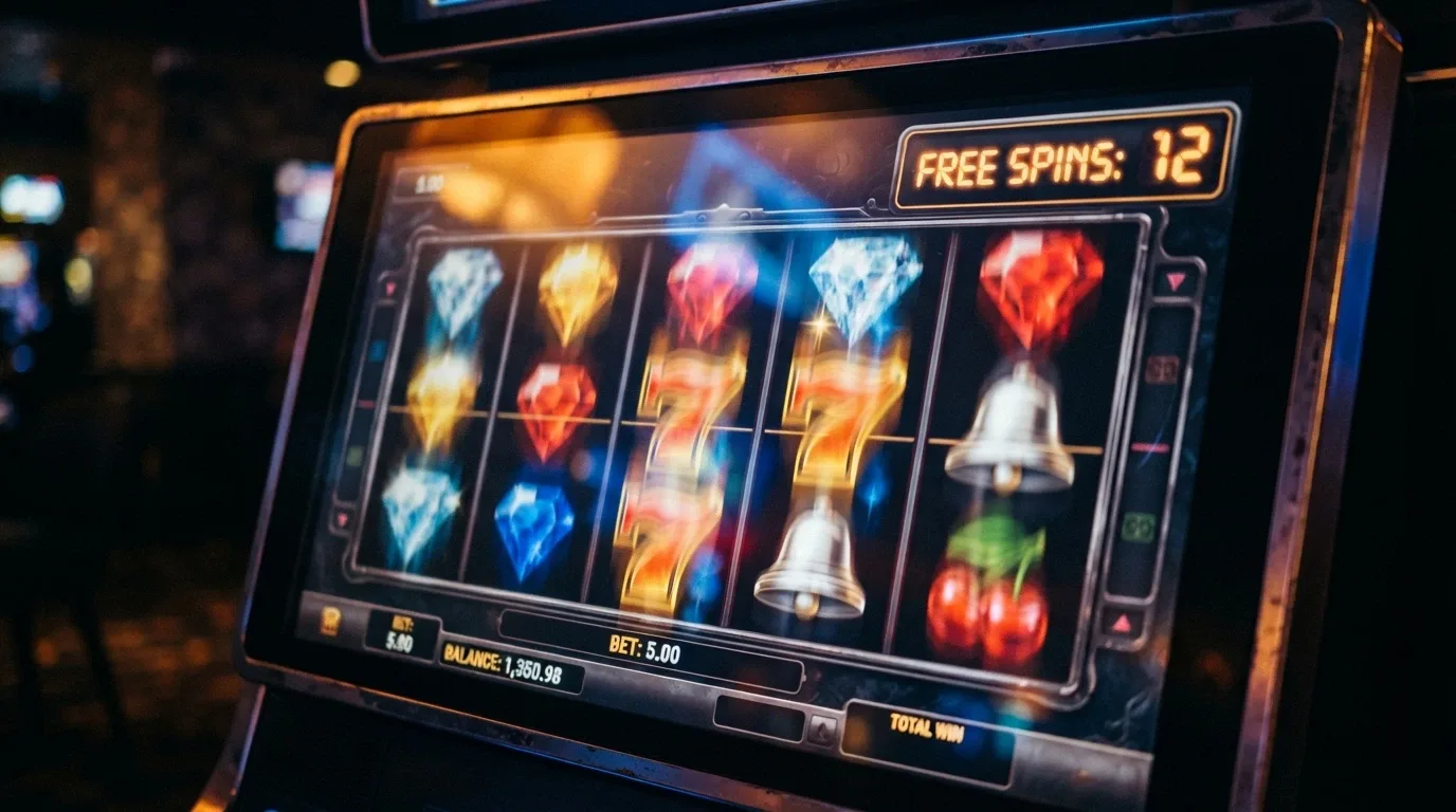 Una slot machine online con i rulli in movimento, i simboli colorati e l'indicatore del numero di free spin attivi nell'angolo dello schermo