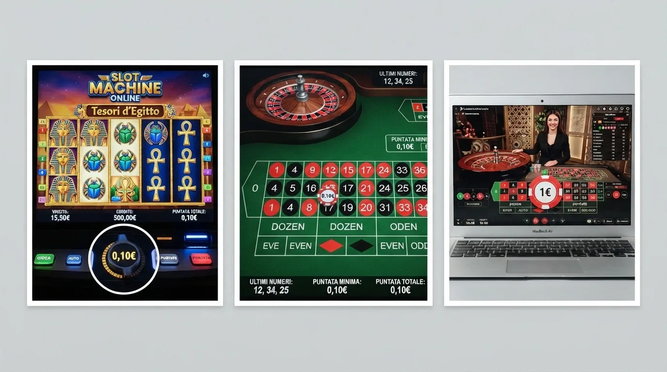 Tre riquadri affiancati: una slot con il selettore della puntata su 0,10€, un tavolo di roulette virtuale con chip da 0,10€, un tavolo live con chip da 1€