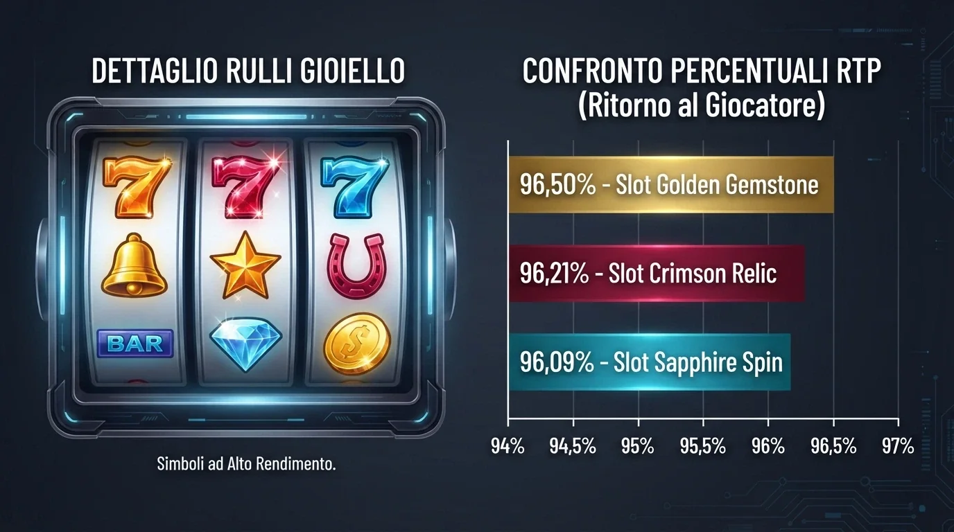 Tre rulli di slot machine affiancati da un grafico a barre con le percentuali RTP di Gates of Olympus, Book of Dead e Starburst