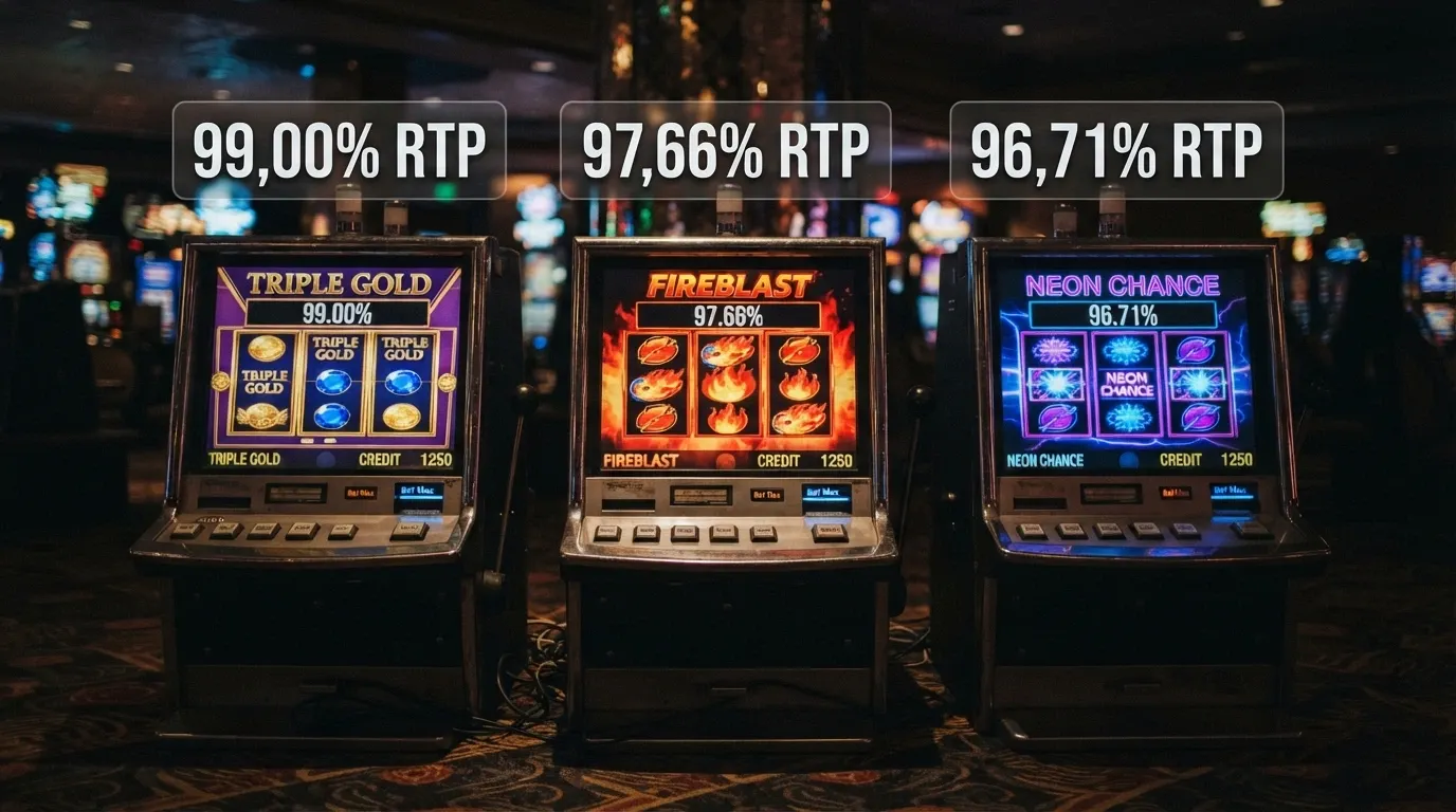 Griglia di slot machine online con i valori di RTP e volatilità in sovraimpressione su ciascun rullo