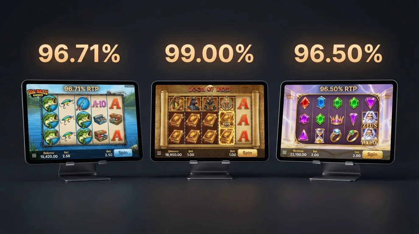 Tre schermate di slot online affiancate — Big Bass Bonanza, Book of 99 e Gates of Olympus — con l'indicatore RTP in evidenza su ciascuna