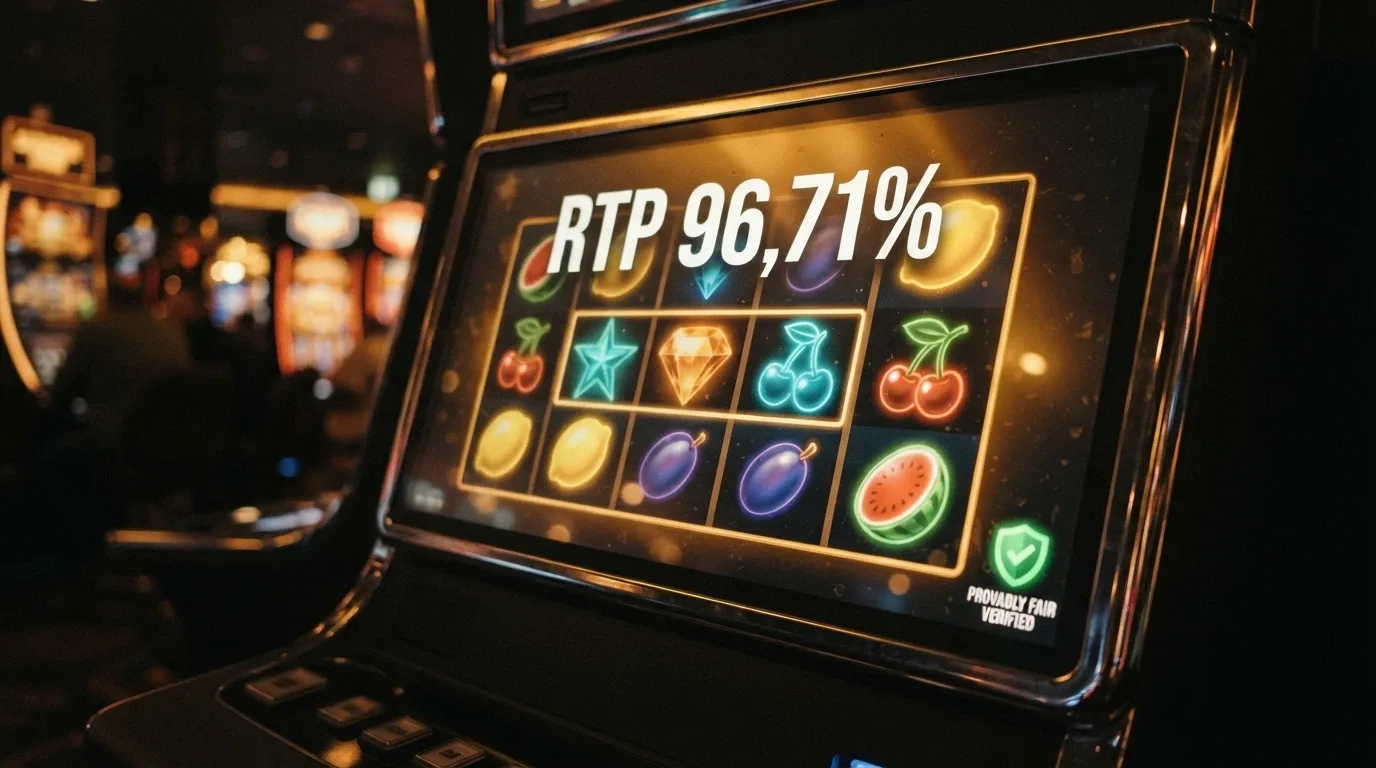 Una slot machine digitale con la scritta «RTP 96,71%» in evidenza e un'icona «Provably Fair» che lampeggia