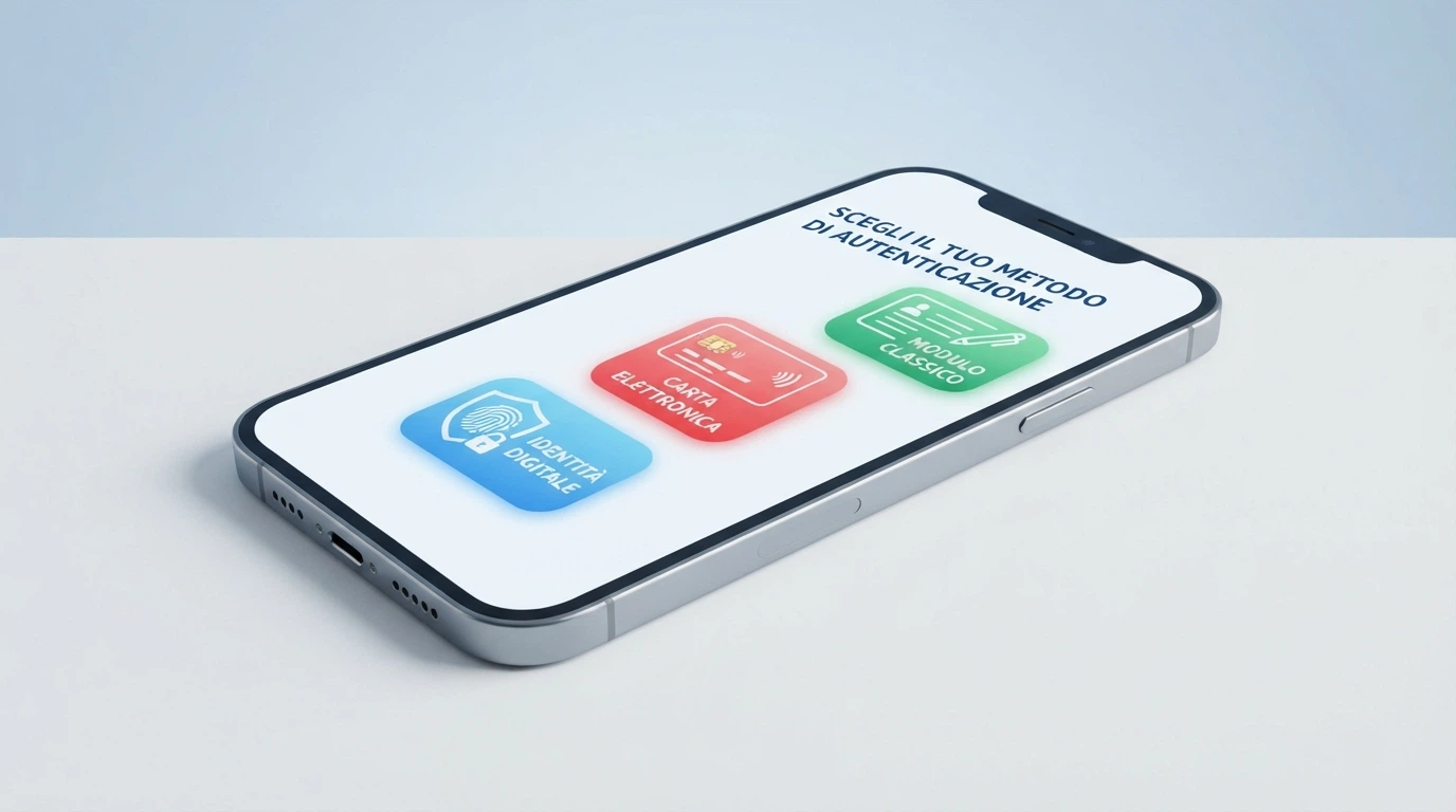 Schermata di accesso con le tre icone SPID, CIE e registrazione classica affiancate