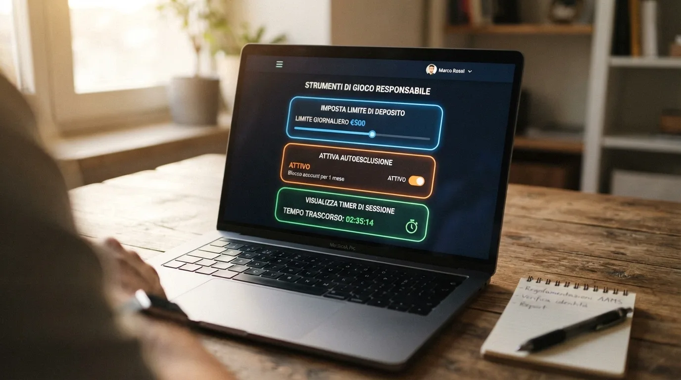 L'interfaccia di un pannello di controllo giocatore su un sito ADM, con le voci «limite di deposito», «autoesclusione» e «timer di sessione» evidenziate