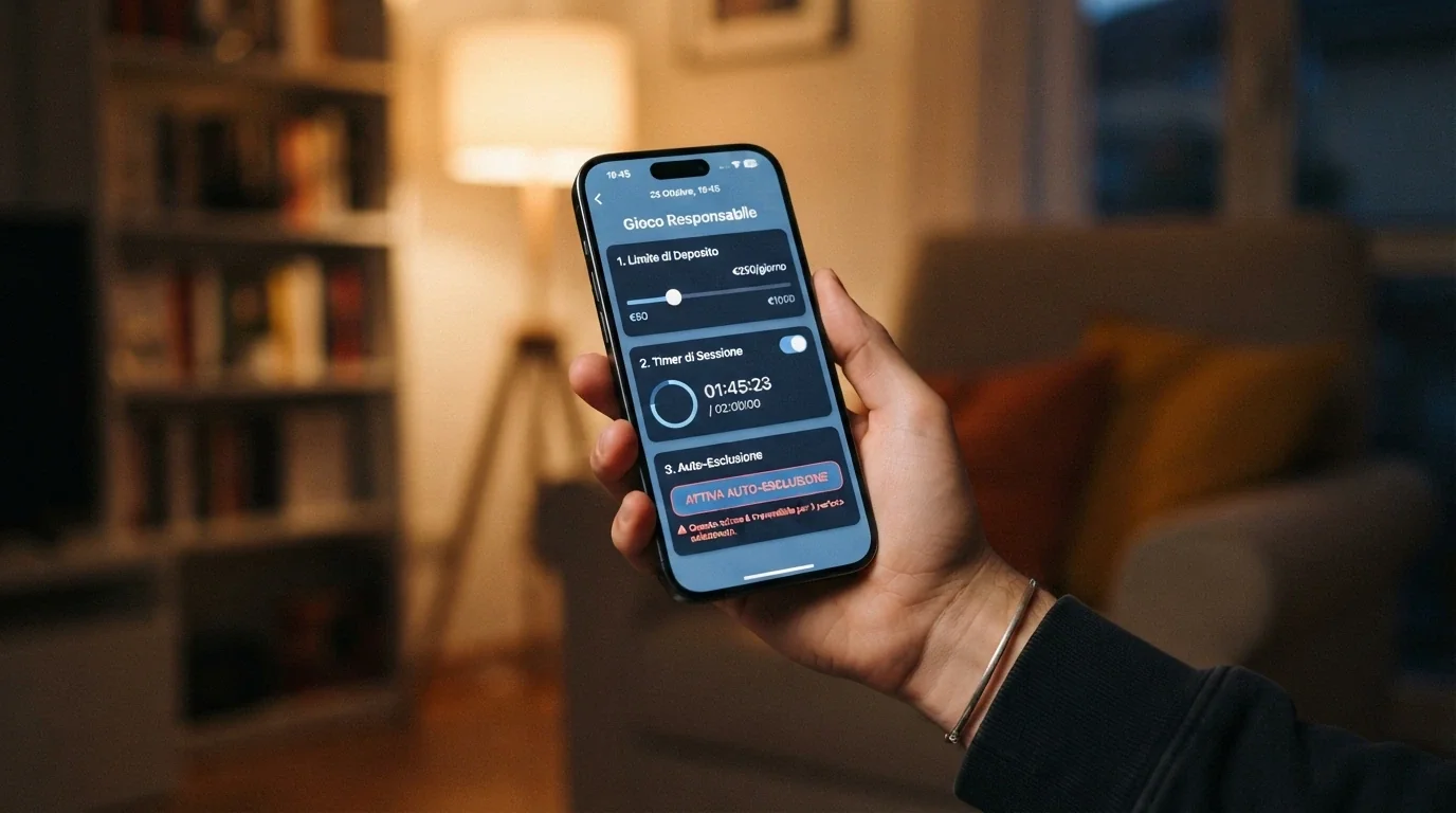 Dashboard di un casinò ADM con i controlli di limite deposito, tempo e autoesclusione aperti