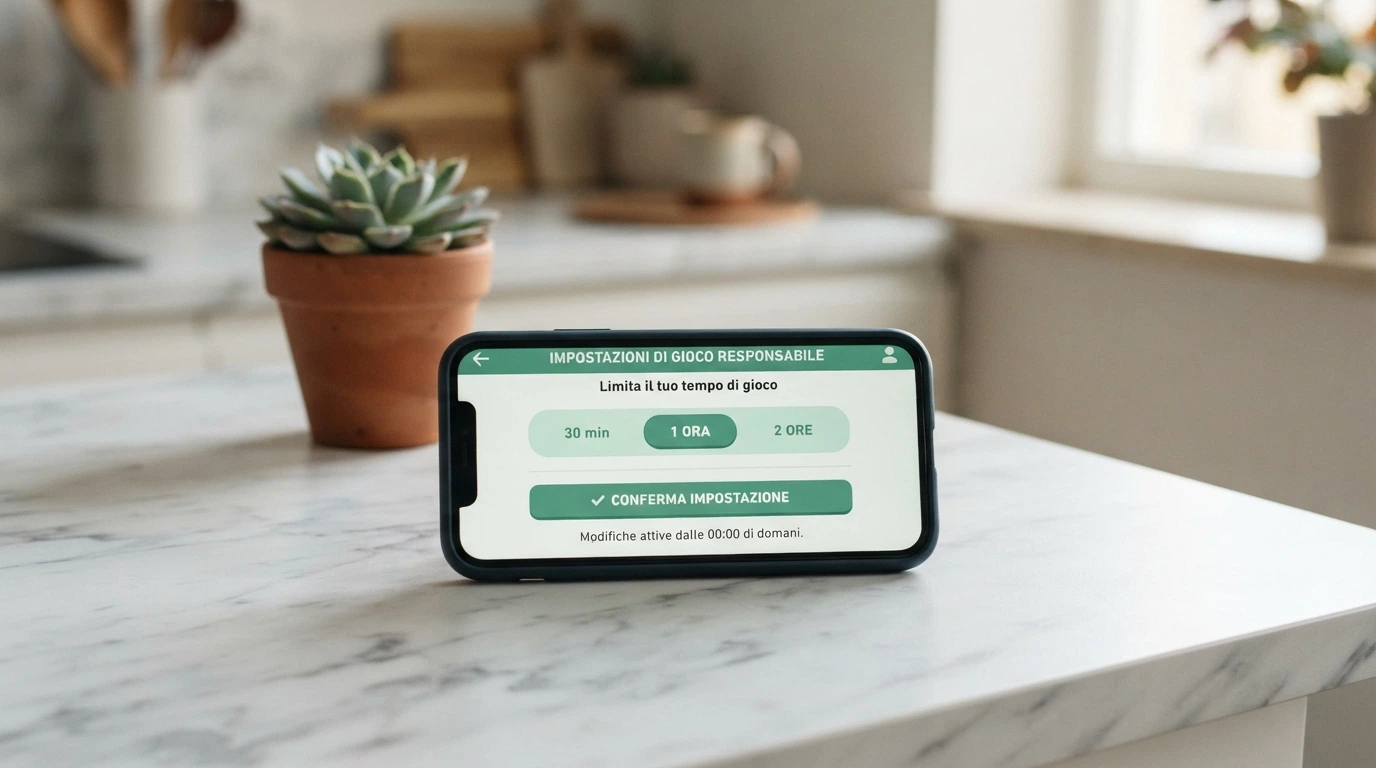Interfaccia delle impostazioni di limite di deposito e autoesclusione in un casinò su iPhone con il selettore di periodo visibile