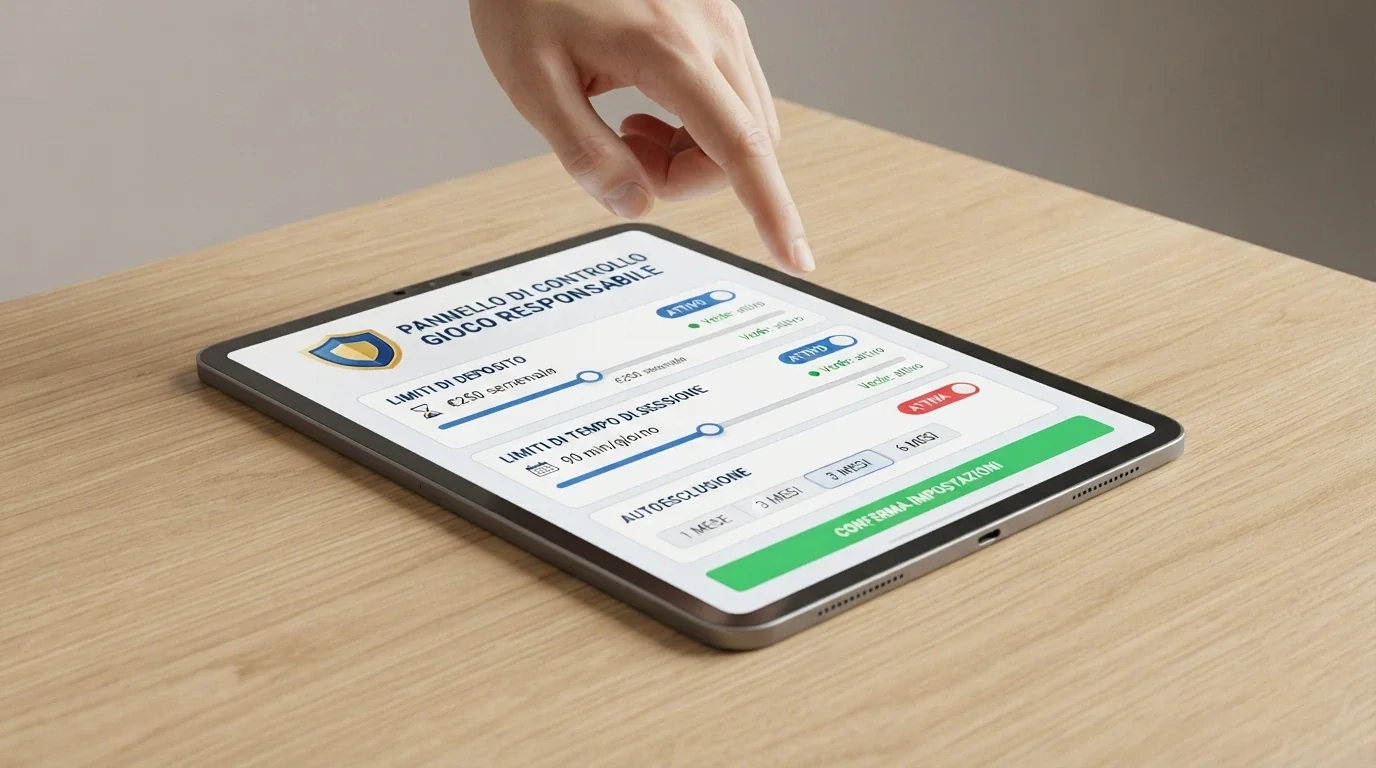 Interfaccia di un pannello di controllo con opzioni per limiti di deposito, tempo e autoesclusione, con il logo RUA visibile