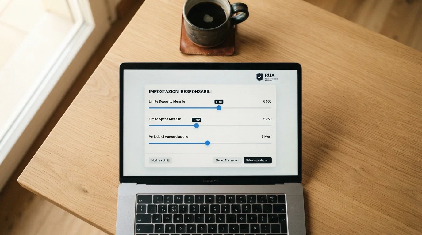L'interfaccia di un'area personale giocatore con i cursori per limite di deposito, limite di spesa e autoesclusione, con il logo RUA visibile