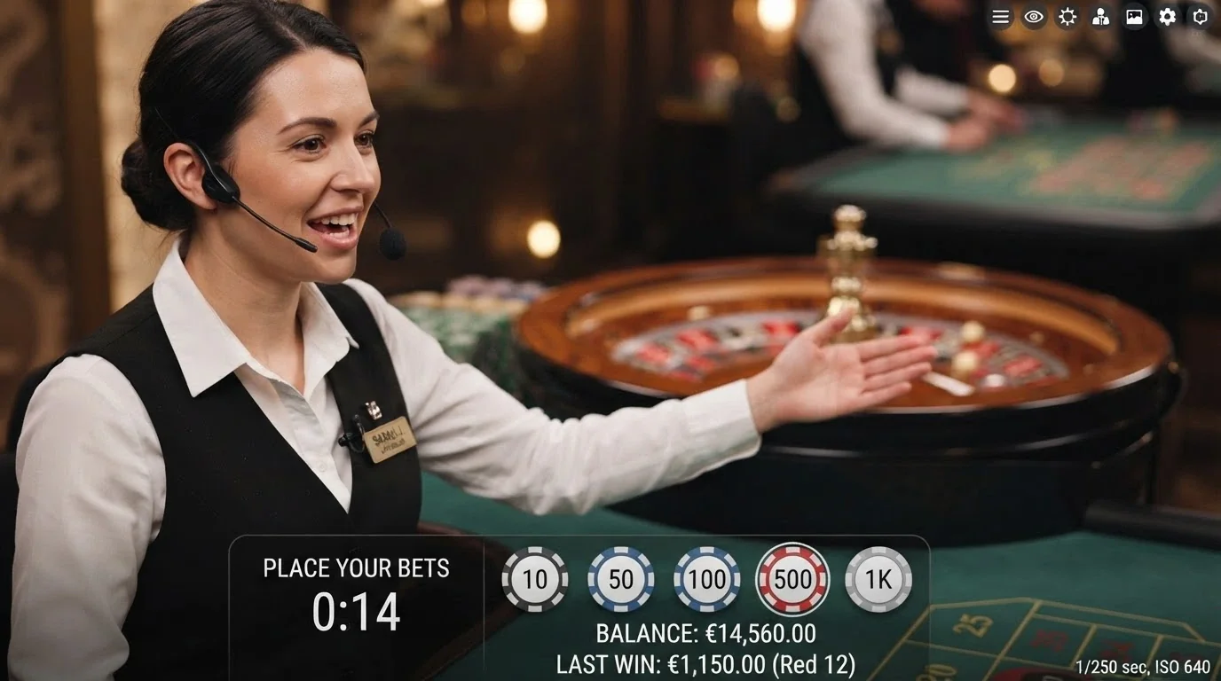Primo piano di un croupier che annuncia le puntate alla roulette, con interfaccia digitale delle puntate sovrapposta allo streaming
