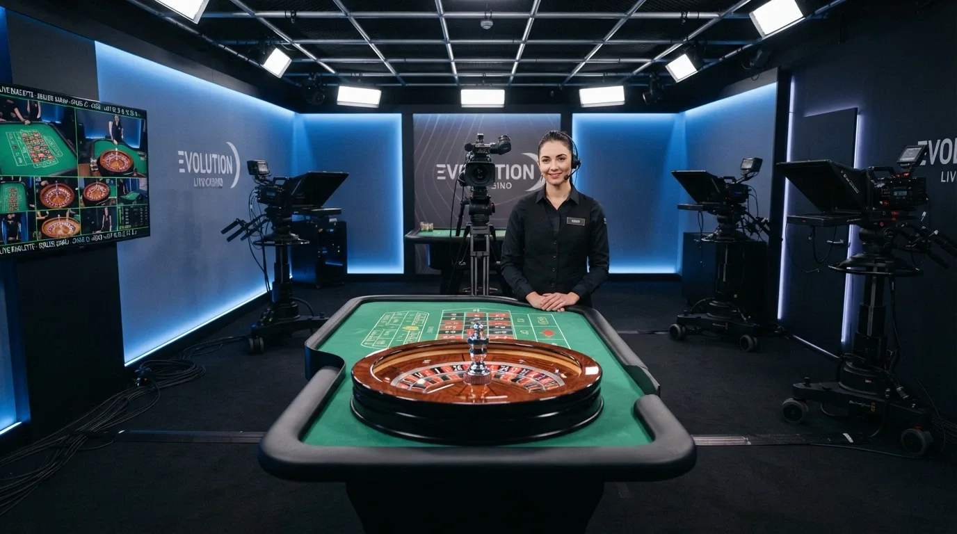 Studio di produzione live di Evolution Gaming con dealer a un tavolo da gioco