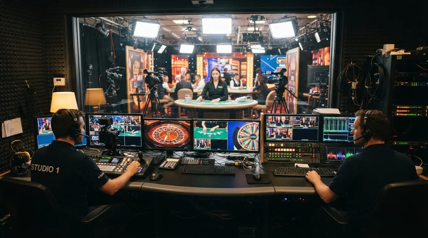 Una regia di produzione con schermi multipli che inquadrano diversi tavoli da gioco dal vivo, tecnici al lavoro sulle telecamere