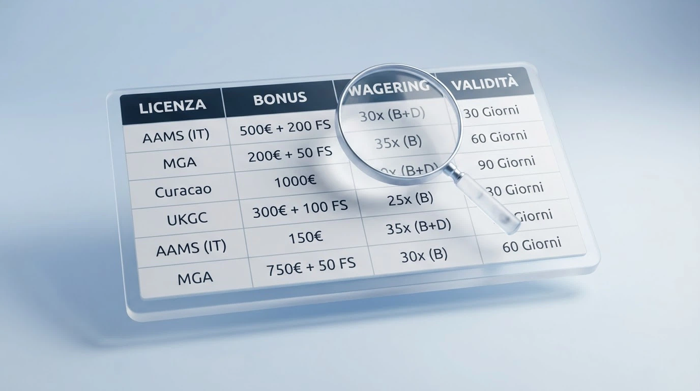 Una tabella comparativa stilizzata con le colonne Licenza, Bonus, Wagering e Validità, con una lente di ingrandimento posata sulla colonna del wagering