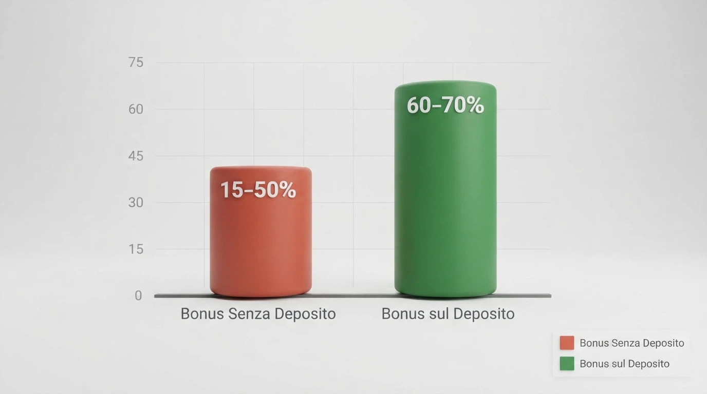Un grafico a barre che confronta il 15–50% di completamento dei bonus senza deposito con il 60–70% dei bonus con deposito
