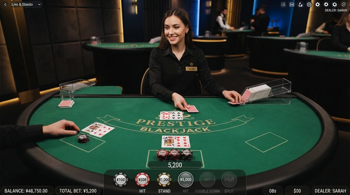 Tavolo da blackjack con dealer in streaming e interfaccia di puntata
