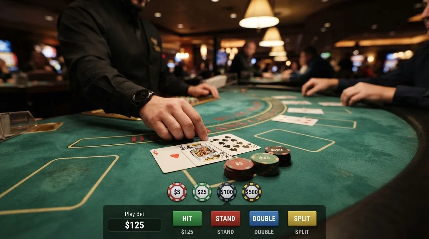Mano di blackjack live con carte distribuite dal dealer, interfaccia delle puntate visibile, angolazione laterale del tavolo