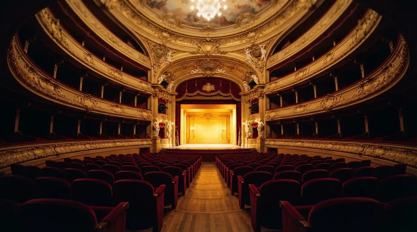 Platea e palchi del Teatro del Casinò di Sanremo con illuminazione di scena