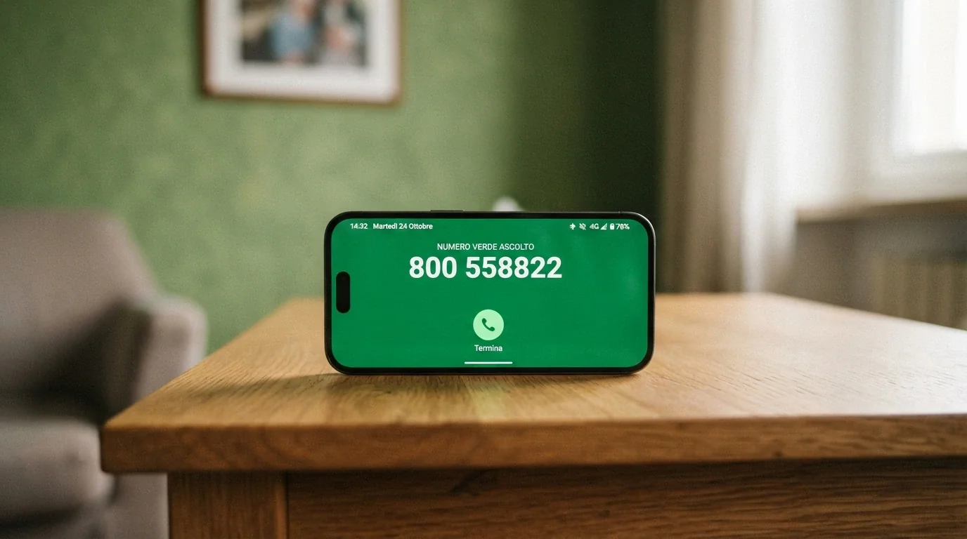 Un telefono fisso con il numero 800 558822 in sovraimpressione e lo sfondo verde istituzionale