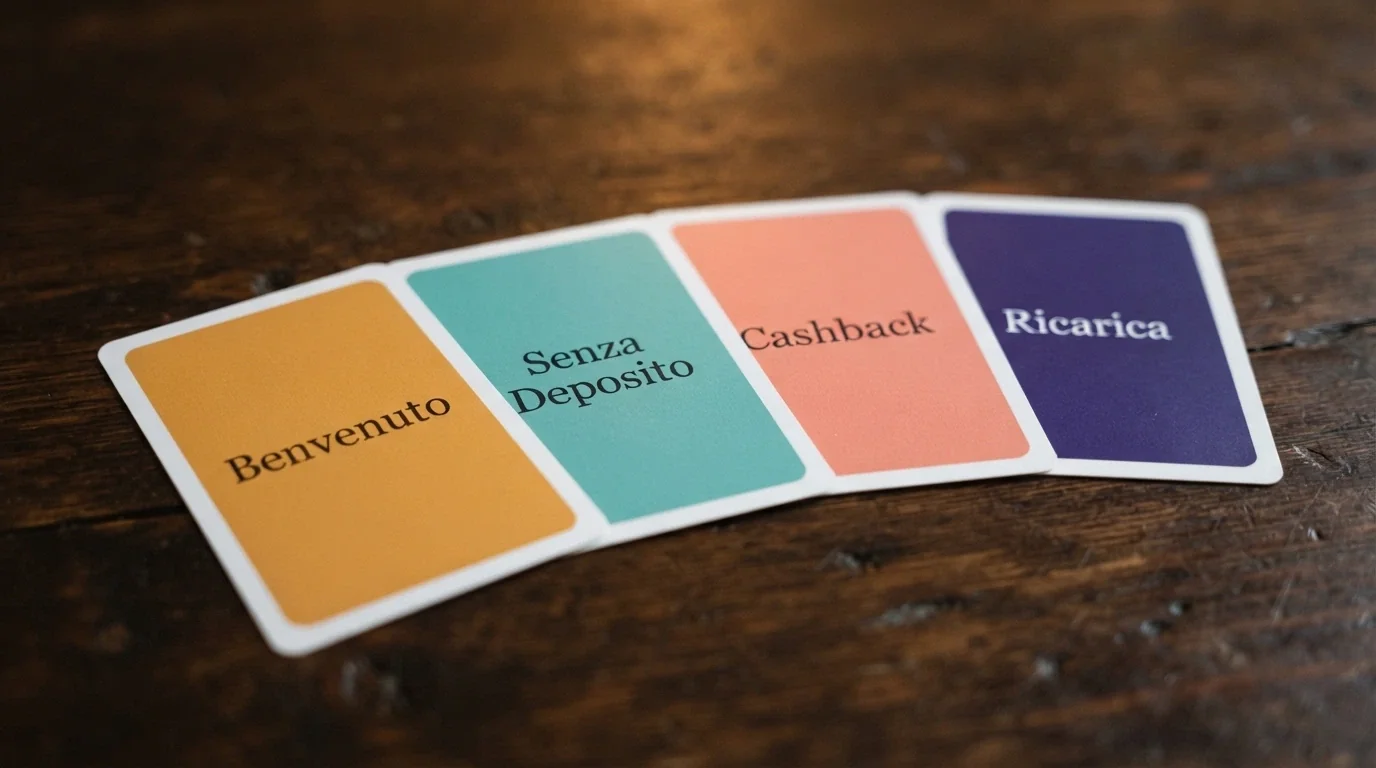 Quattro carte da gioco disposte a ventaglio con diciture diverse: «Benvenuto», «Senza Deposito», «Cashback», «Ricarica»