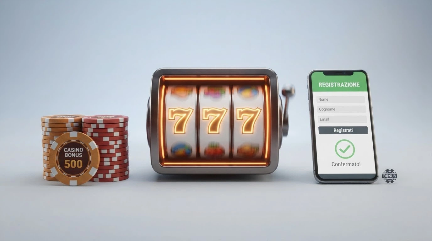 Tre riquadri affiancati che illustrano le forme del bonus senza deposito: credito in euro, giri gratuiti su una slot machine e un pannello di registrazione con verifica identità