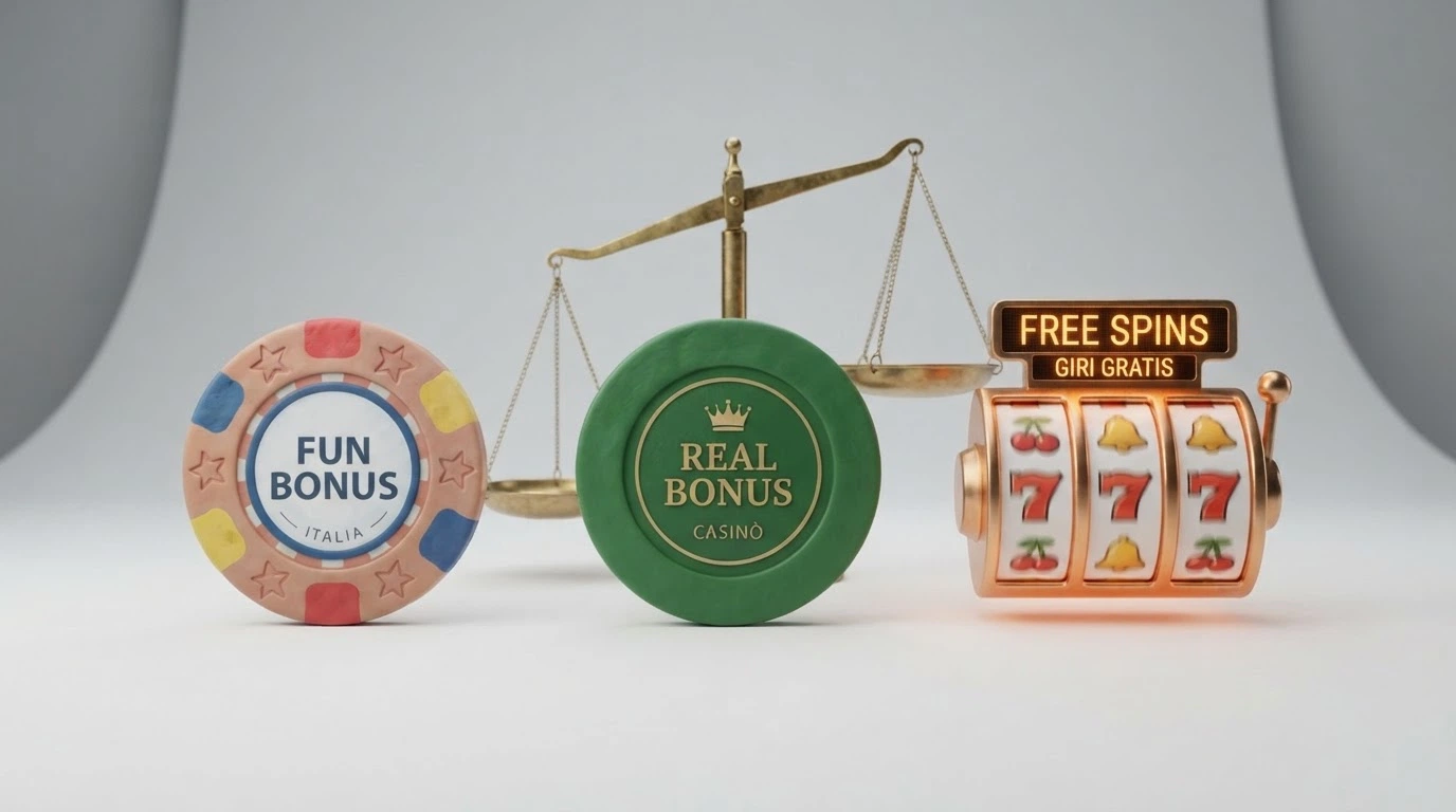 Tre icone affiancate che rappresentano Fun Bonus, Real Bonus e Giri Gratuiti con una bilancia che pende verso il Real Bonus