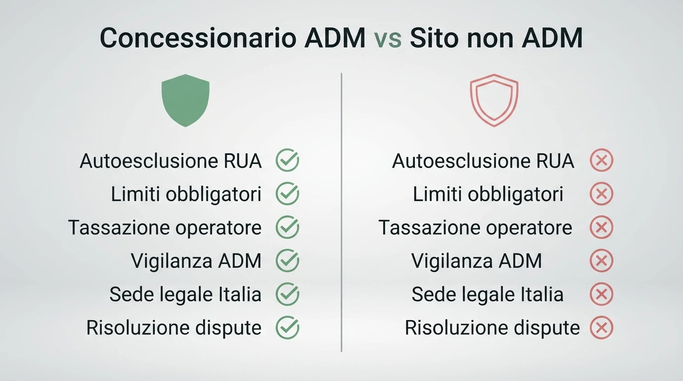 Un'infografica che mette a confronto le protezioni del giocatore nel mercato ADM (RUA, limiti, tassazione, vigilanza) con l'assenza di garanzie nel mercato offshore