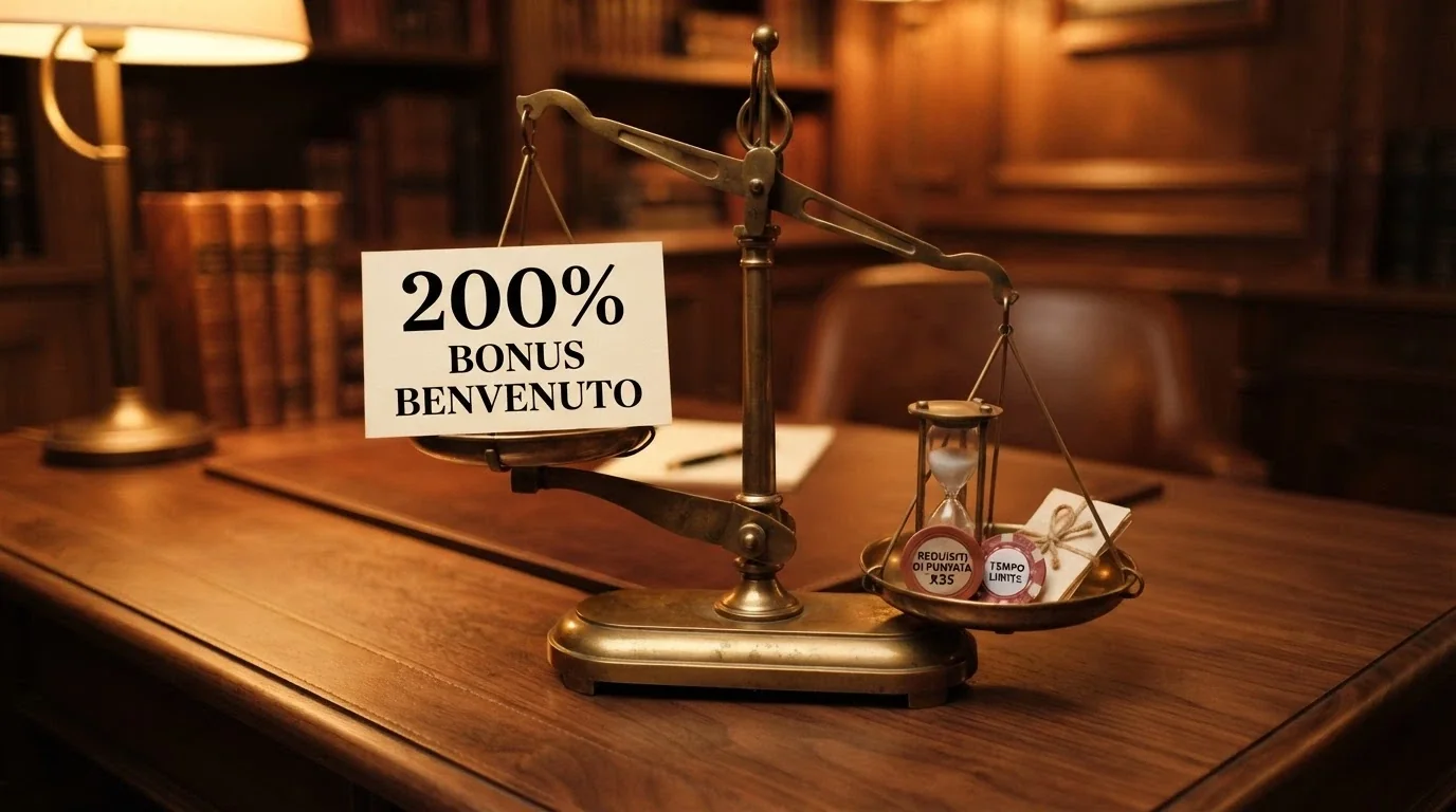 Una bilancia a due piatti: su uno il 200% in grande, sull'altro wagering, scadenza e tipo bonus che pesano di più