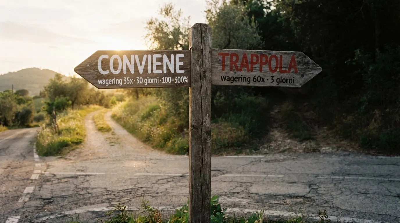 Un bivio stilizzato: a sinistra un cartello «conviene» con sotto le condizioni (wagering ≤35x, validità ≥30 giorni, match 100–300%), a destra un cartello «trappola» con wagering >60x e validità <7 giorni