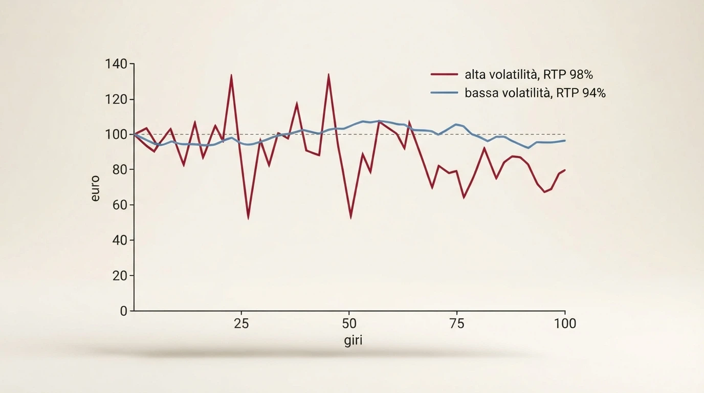 Un grafico comparativo che mostra l'andamento del bankroll su 100 giri per una slot ad alta volatilità (98% RTP) e una a bassa volatilità (94% RTP)